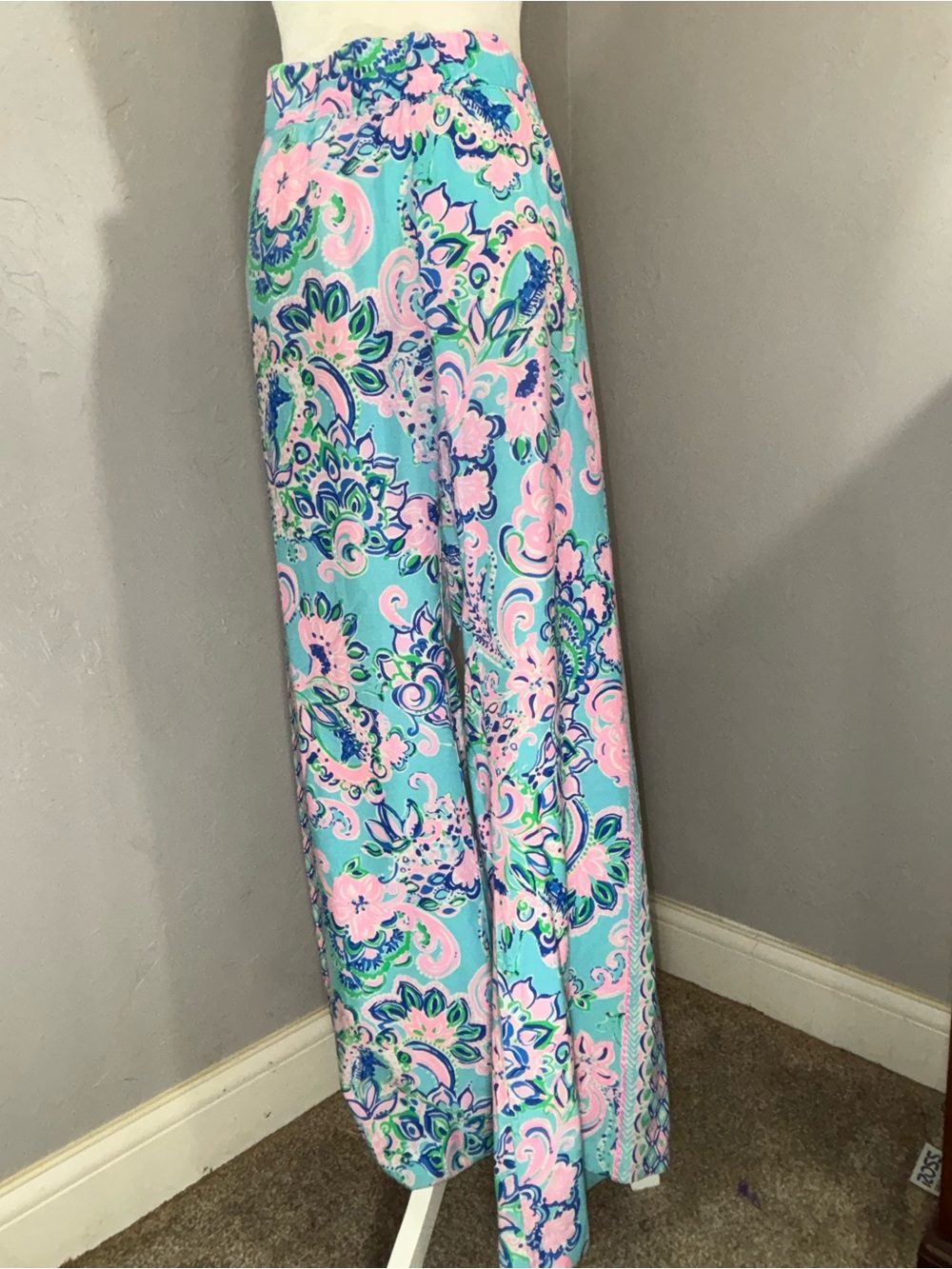 Lilly Pulitzer Aqua and Pink Paisley Wide-Leg Pants